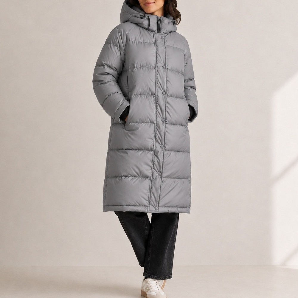 Quince Responsible Down Long Puffer Jacket Hood Storm Cuffs Cold Grey XL NWOT